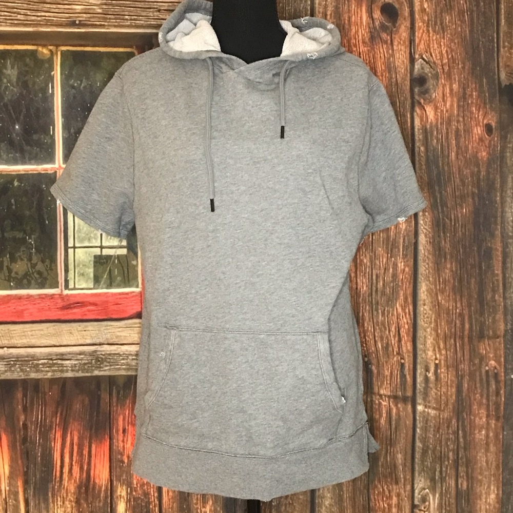 NWOT Express Distressed Short Sleeve Heather Grey Hoodie w/Front Pocket